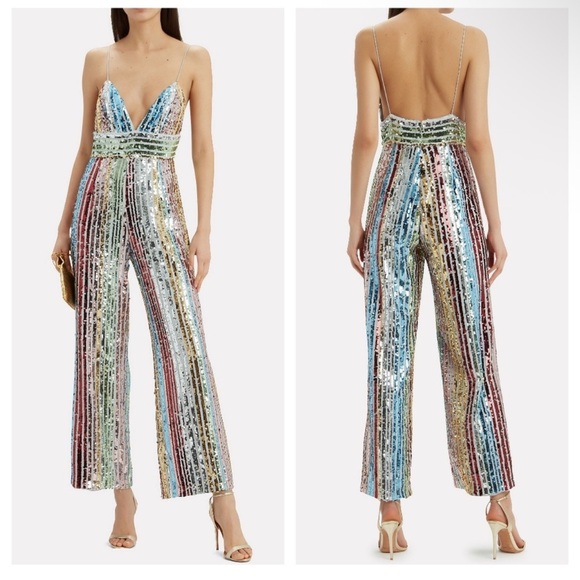 Saylor Jojo Sequin Multicolor Striped Jumpsuit‎ Small - Picture 1 of 8
